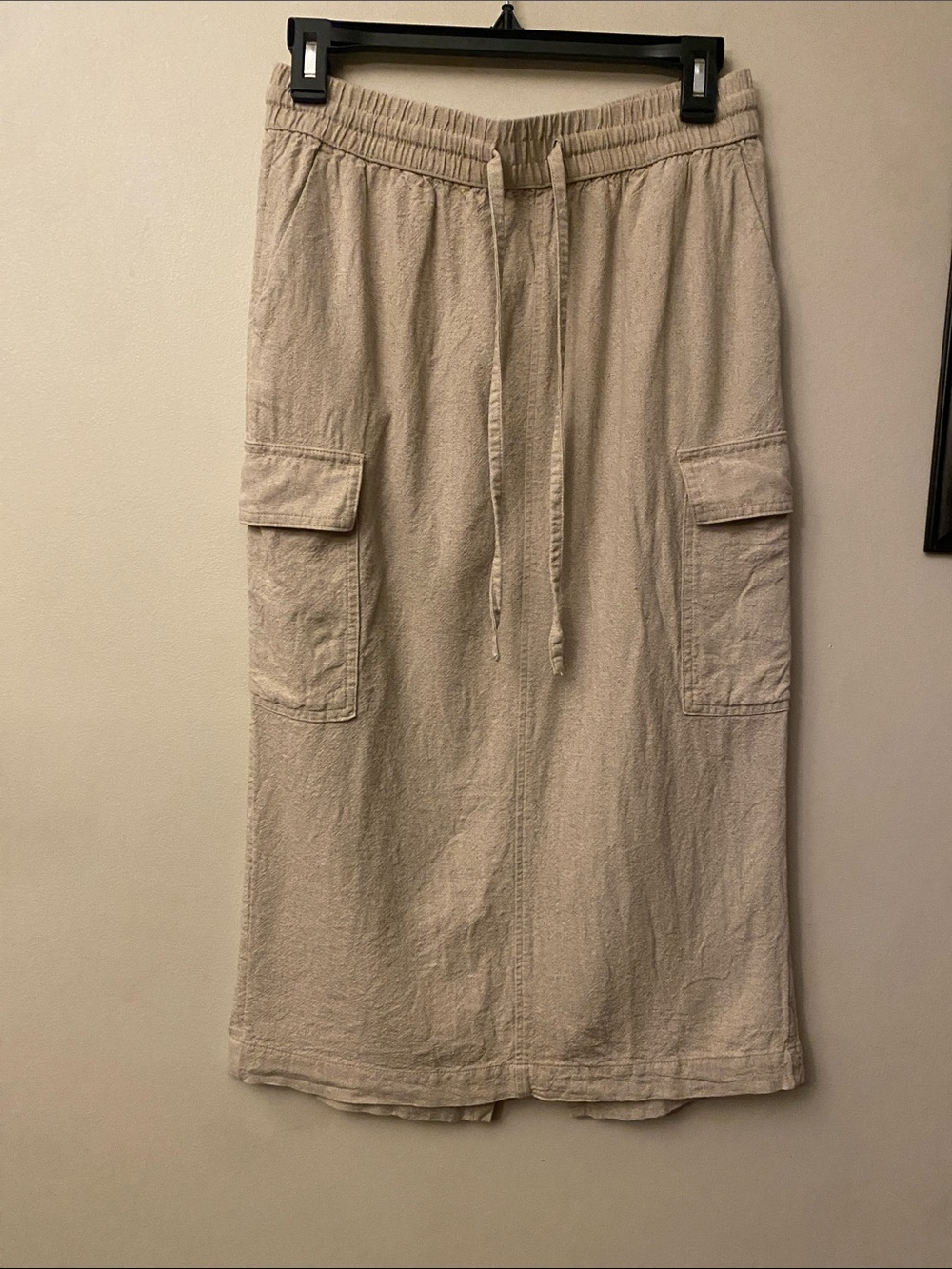a new day Linen Beige Cargo Midi Skirt with Drawstring Waist
